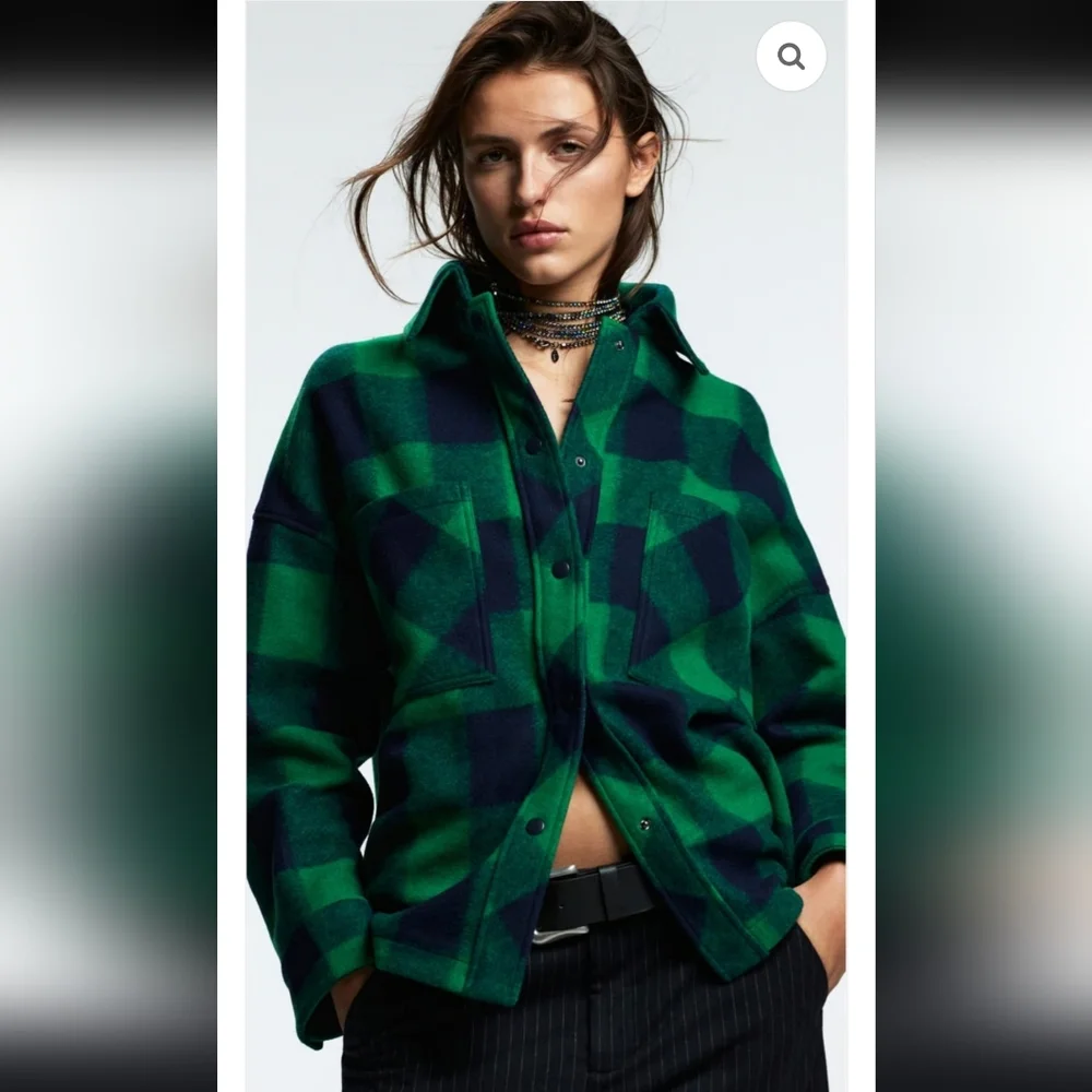 Zara Buffalo Plaid Jacket Green Navy Shacket Winter Thick Flannel Street Wear
